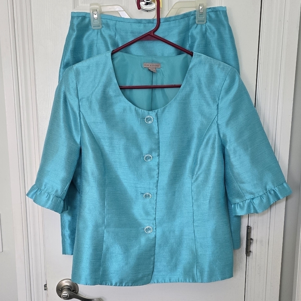 Kim Rogers Women's Turquoise Button-Up 2 Piece Lined Suit, Size 12 (1204)